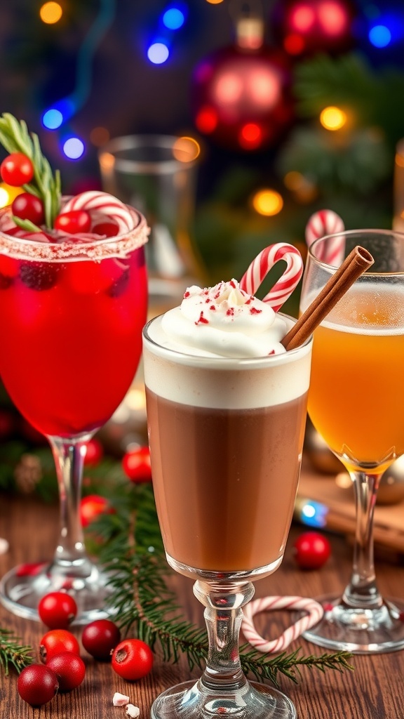 A collection of unique Christmas cocktails including cranberry citrus, peppermint hot chocolate, spiced apple cider, and sparkling holiday cocktail, set against a festive backdrop.